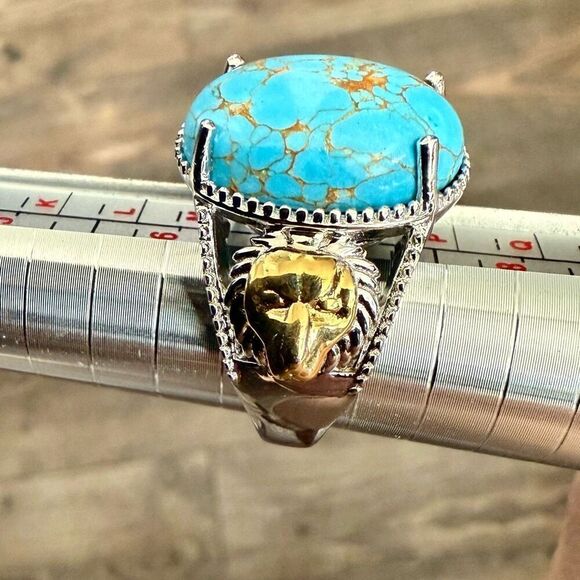 Mojave Blue Turquoise Lion Motif Statement Ring Bold Southwestern Style - Picture 5 of 6